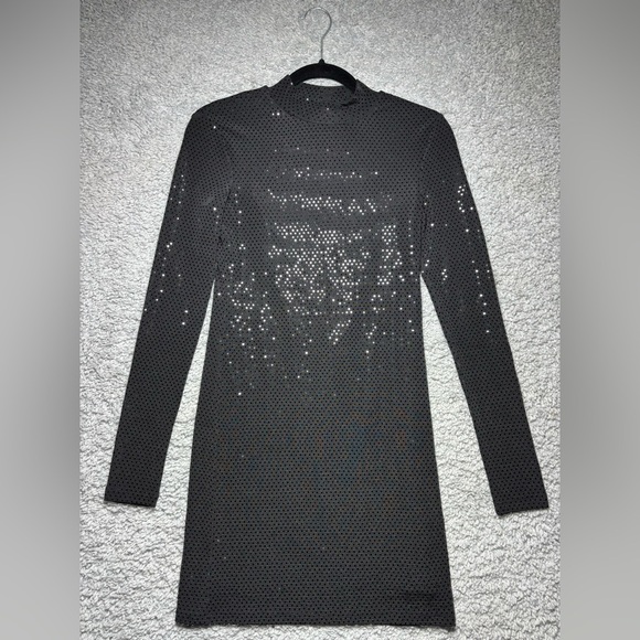 Elodie Dress Womens Small Mock Neck Long Sleeve Bodycon Sequins Lined Shine NEW - Picture 1 of 7